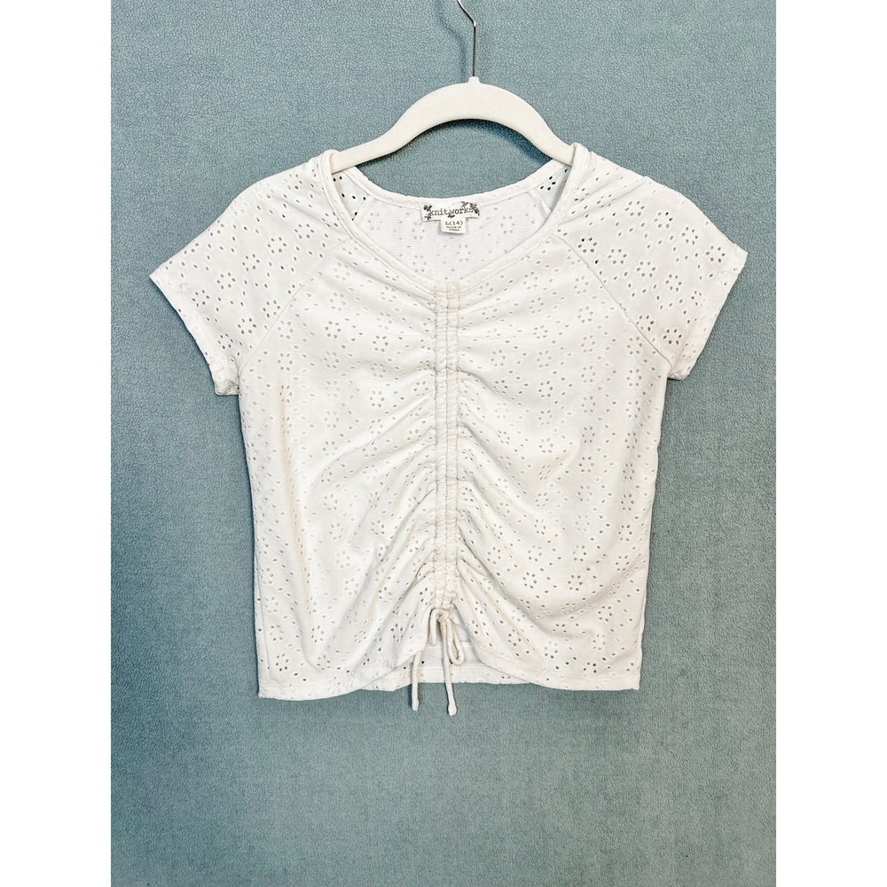 Knit Works Girls White Eyelet Ruched Front Drawstring Top Size L 14 Short Sleeve